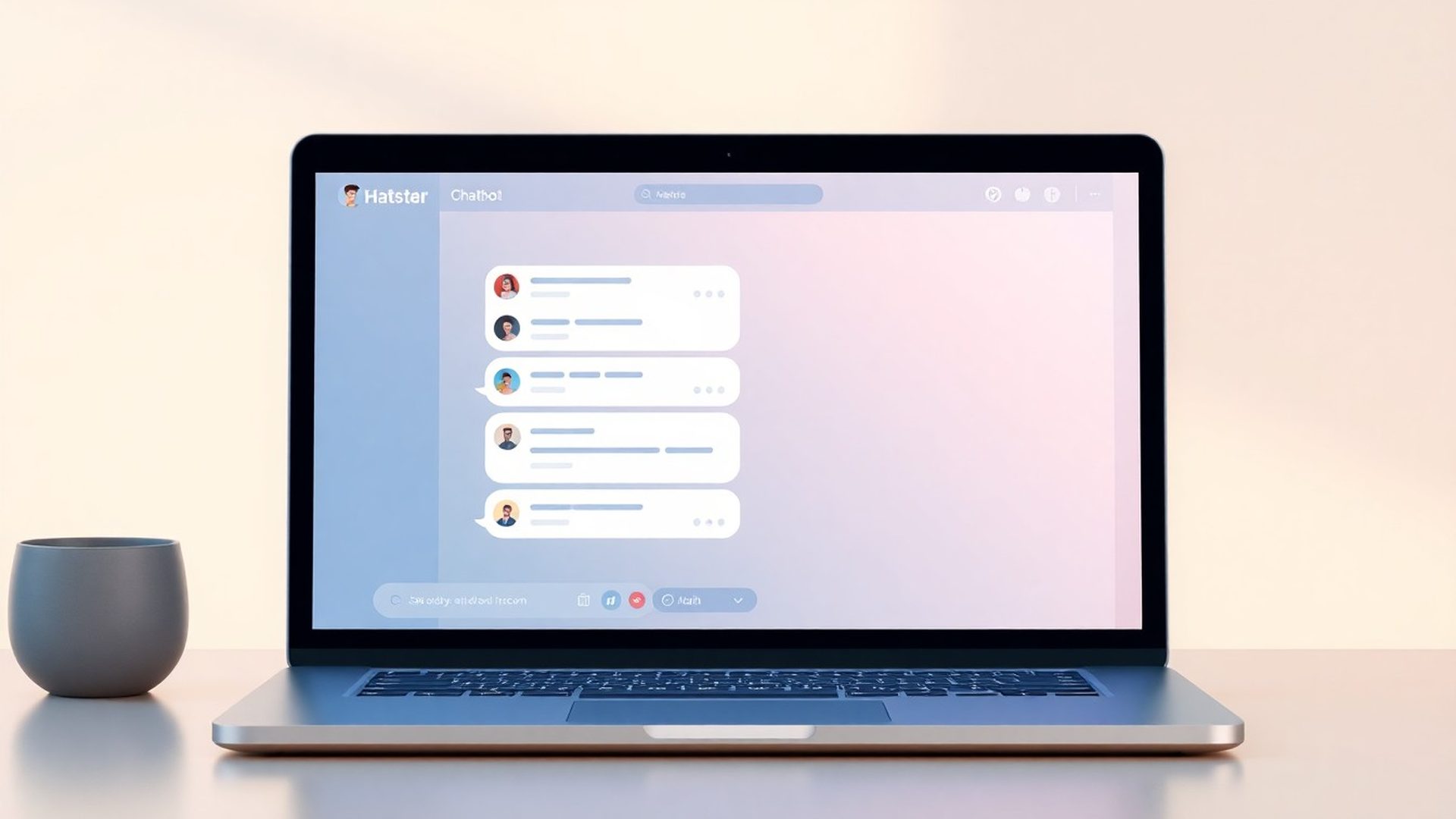 Interfață de chatbot pe un laptop, ilustrație modernă în tonuri de albastru-ardezie
