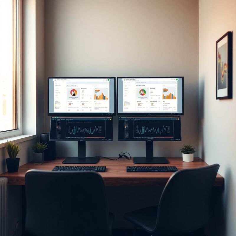 Spațiu de birou mic cu două monitoare afișând configurări de chatbot